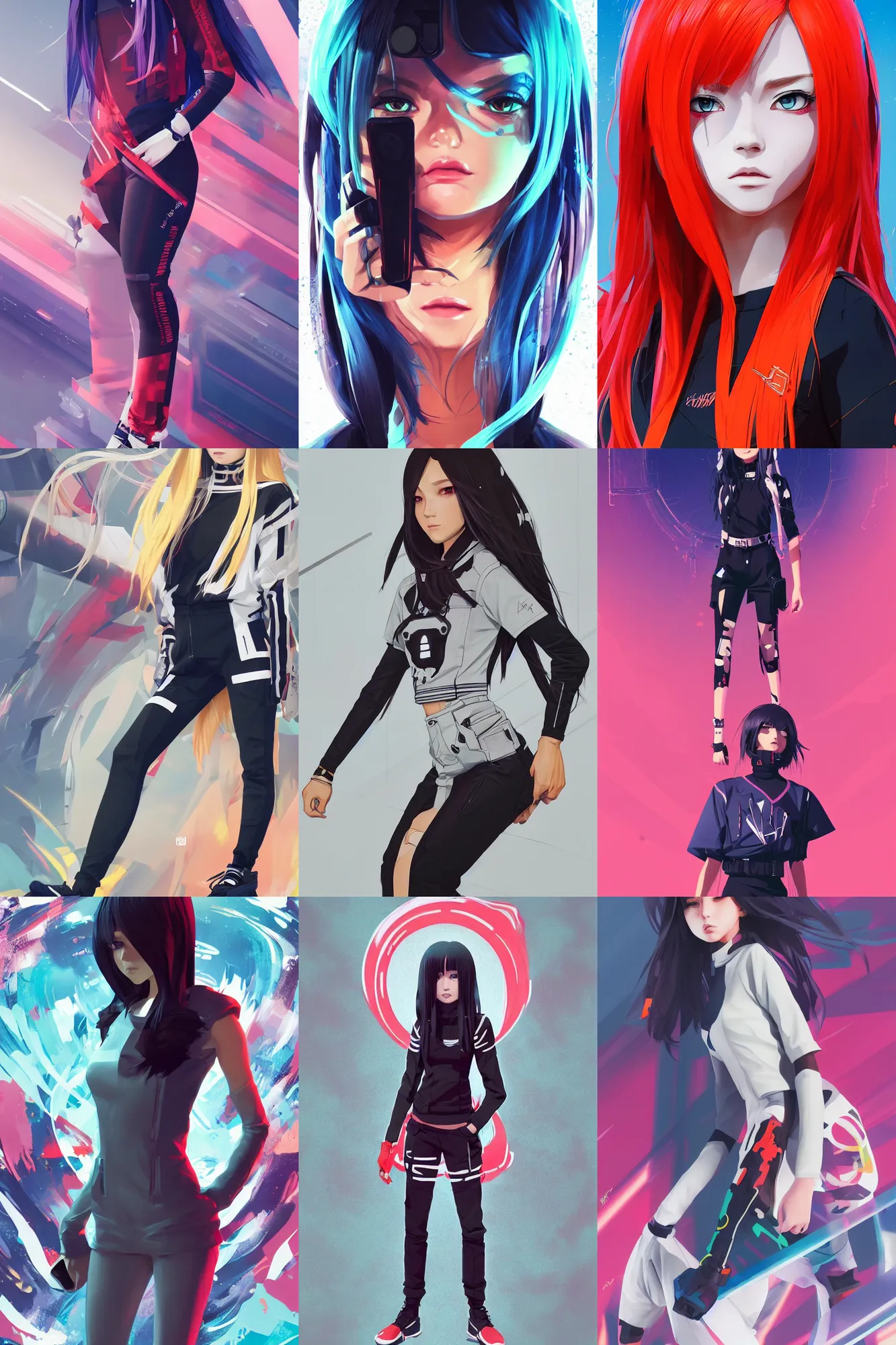 Prompt: uncropped full body character portrait poster girl with futuristic streetwear and crossed arms, long straight hair, complementary colour palette, cute face, pretty face, anime by kuvshinov ilya, artgerm and greg rutkowski, 4 k, hdr, graphic design, adobe illustrator, behance, trending on artstation