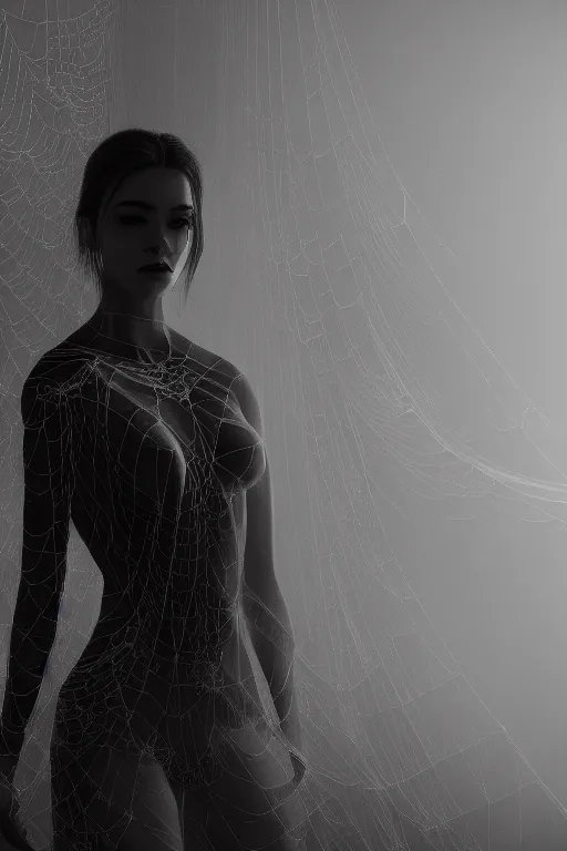 Prompt: a beautiful woman draped in spider webs, studio lighting,mist, light from behind, volumetric lighting, moody, artstation, octane render, 4k