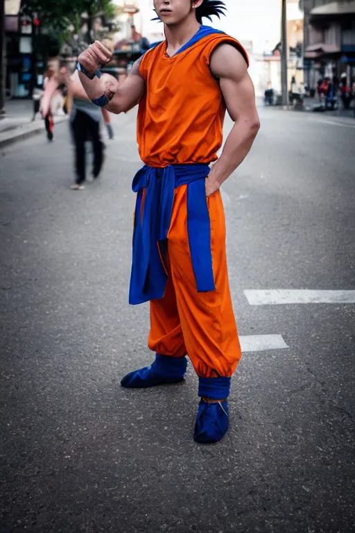 Prompt: portrait Goku from DragonBall Z as a real human, photojournalism street photography, 50mm lens