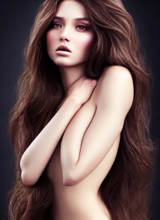 Image similar to a gorgeous female with long brown hair, photo by nick knight, realistic, full body shot, wide angle, sharp focus, 8 k high definition, insanely detailed, intricate, elegant, art by stanley lau and artgerm, floating embers