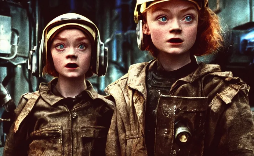 Image similar to a machine monster chases sadie sink dressed as a miner : a still from a scifi soviet cyberpunk film from 1 9 8 0 s. by steven spielberg and james cameron. 6 5 mm low grain film stock. sharp focus, realistic facial expression, perfect anatomy, cinematic atmosphere, detailed and intricate environment, trending on artstation