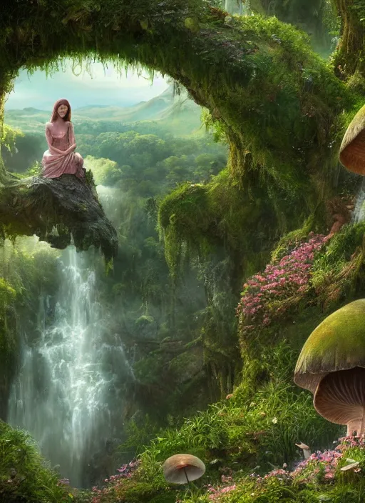 Prompt: an elegant fairy sitting and looking out at a lord of the rings scenery landscape, vast lush valley flowers and giant mushroom structures, stream, sunrise, god's rays highly detailed, vivid color, cinematic lighting, perfect composition, 8 k, gustave dore, derek zabrocki, greg rutkowski, belsinski, octane render