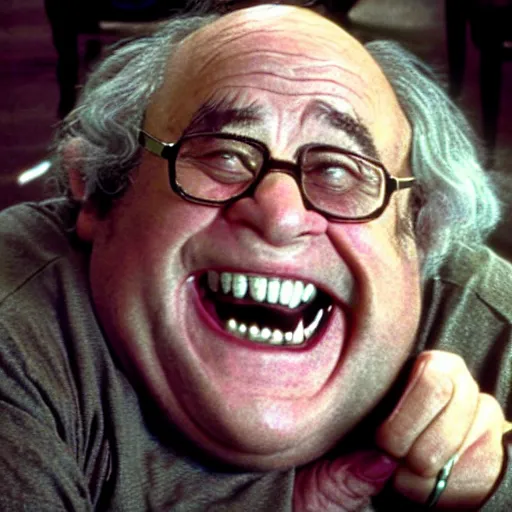 Image similar to the lord of the ring gimili played by danny devito laughing directed by peter jackson film still face close up dramatic lighting