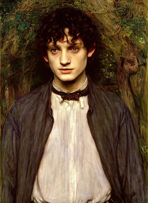 Image similar to a beautiful painting of frodo by John Everett Millais and Dante Gabriel Rossetti and John Collier and john william waterhouse, pre-raphaelite, detailed, trending on artstation, hd, masterpiece