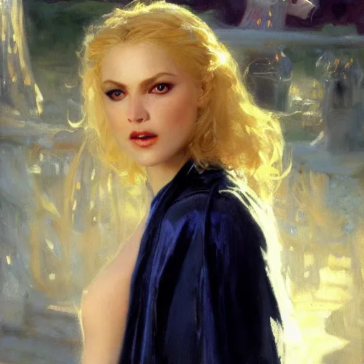 Prompt: detailed cinematic wide shot of beautiful attractive blonde vampire woman slim face symettrical face clean skin blue eyes black robe smooth, sharp focus, ultra realistic, spring light, painting by gaston bussiere, craig mullins, j. c. leyendecker