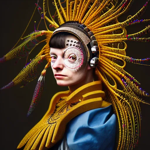 Image similar to Colour aesthetic Caravaggio style full body Photography of Highly detailed beautiful Woman with 1000 year detailed face and wearing detailed Ukrainian folk costume also wearing highly detailed retrofuturistic sci-fi Neural interface designed by Hiromasa Ogura . Many details In style of Josan Gonzalez and Mike Winkelmann and andgreg rutkowski and alphonse muchaand and Caspar David Friedrich and Stephen Hickman and James Gurney and Hiromasa Ogura. Rendered in Blender and Octane Render volumetric natural light