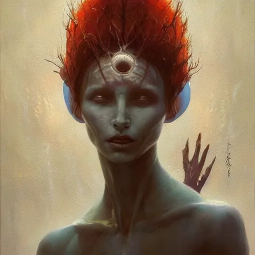 Prompt: an acrylic on canvas painting of a beautiful alien priestess by Greg Rutkowski, Artgerm and Beksinski. Epic fantasy art.