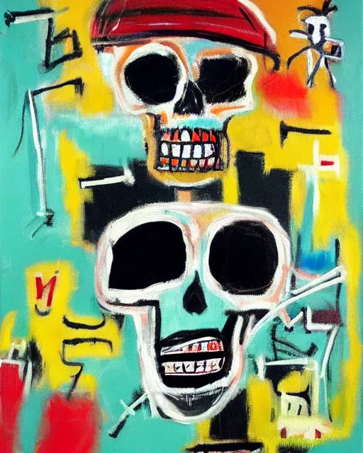 Prompt: oil neo expressionism painting of skull skeleton playing video games by basquiat