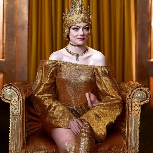 Prompt: A full body shot of Emma Stone wearing a golden Arabian crown , royality, high quality, fully detailed, 4k