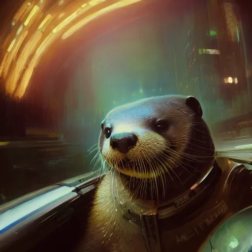 Image similar to hyperrealistic portrait of an athropomorphic otter wearing an astronaut outfit, bladerunner street, art of elysium by jeremy mann and alphonse mucha, fantasy art, photo realistic, dynamic lighting, artstation, poster, volumetric lighting, very detailed face, 4 k, award winning, cinematic lighting, deviantart, artstation, cg society