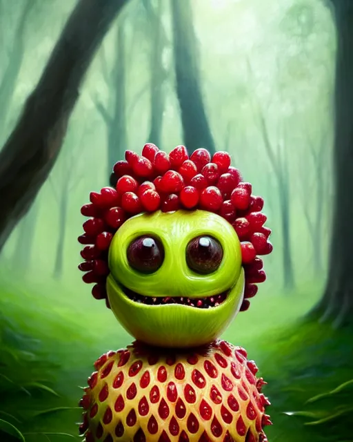 Image similar to portrait of a cute fruit figurine monster made of different fruit, standing in a forest, staring wide open eyes, open mouth, very detailed eyes, trees in the background, sunlight, oil painting, highly detailed, dramatic lighting, hyperrealistic, 8 k, smooth, intricate, artstation, cgsociety, by artgerm, by wlop