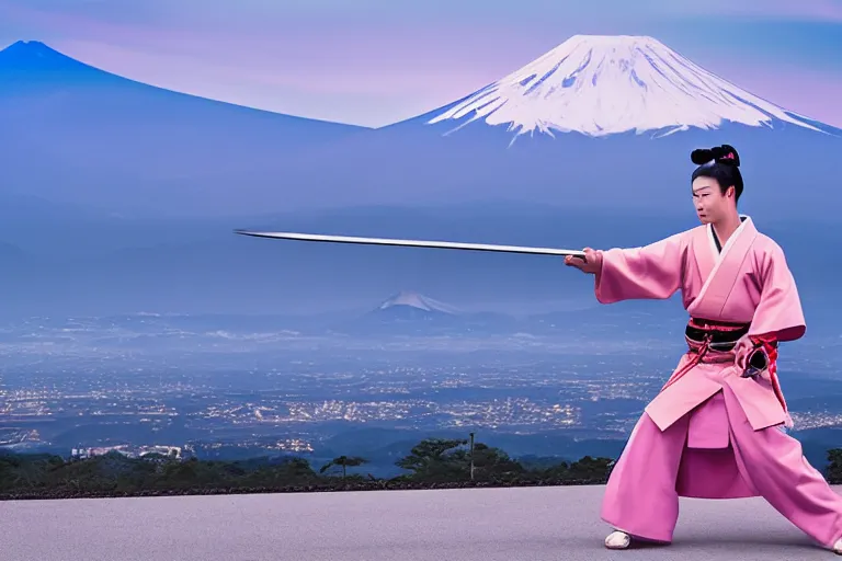 Image similar to beautiful photo of a young modern geisha samurai warrior, mt fuji in the background, mid action swing, shining silver katana sword, award winning photo, muted pastels, action photography, 1 / 1 2 5 shutter speed, dramatic lighting