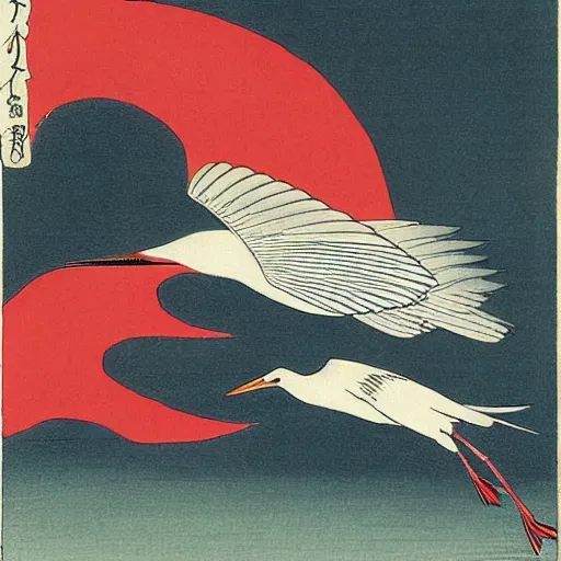 Prompt: a flying egret, traditional japanese tattoo illustration by hiroshige