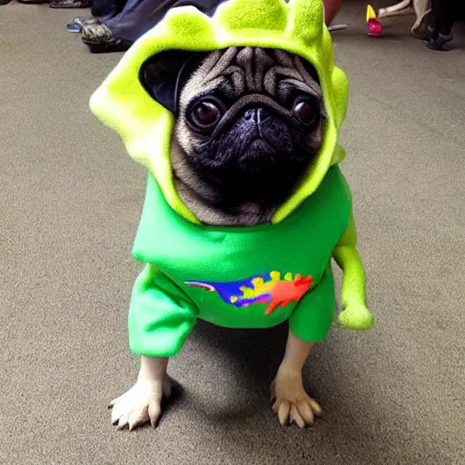 Prompt: a pug wearing a dinosaur costume, photo