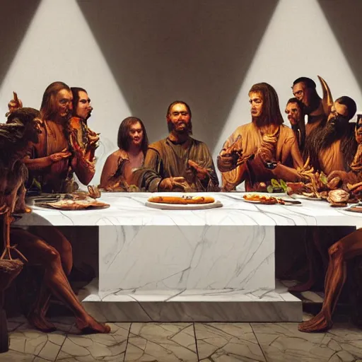 Image similar to !13 hungry cannibals making a rich salad around a marble table, !positioned as last supper cinematic lighting, dramatic framing, highly detalied, 4k, artstation, by Rene Lalique and Wayne Barlowe