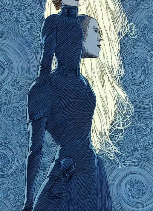 Image similar to dolores ( evan rachel wood ) from westworld, beautiful portrait, blue dress, elegant, clear clean face, by moebius, katsuhiro otomo, tsutomu nihei, laurie greasley