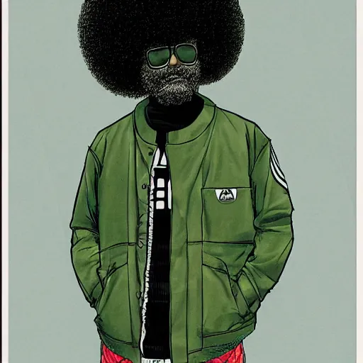 Image similar to illustration by katsuhiro otomo, black man with afro hair, raspy beard stubble, wearing an adidas army green jacket, in the streets of tokyo, akira style, by katsuhiro otomo