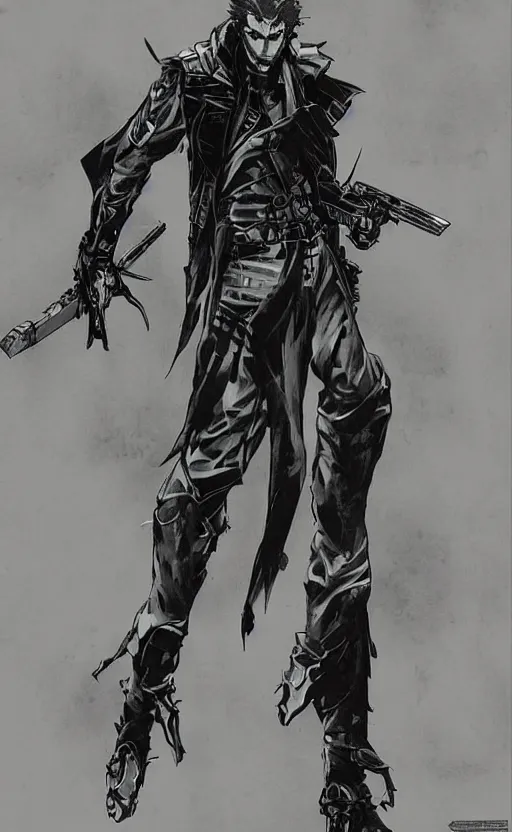 Prompt: futuristic vampire hunter, character design concept art, by yoji shinkawa