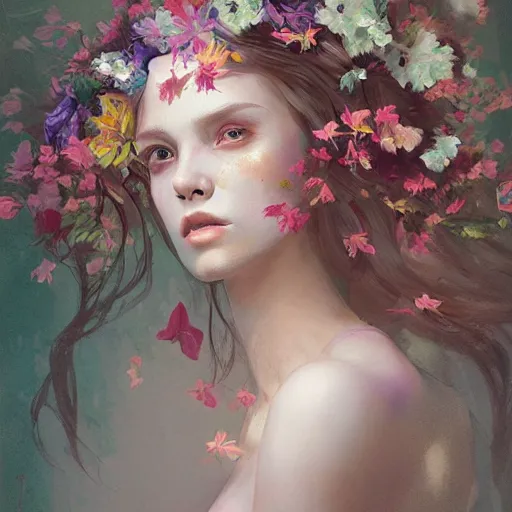 Image similar to painting of a pale girl dressed with flowers, illustration, artistic, colorful, hyper detailed, in the style of Greg Rutkowski,