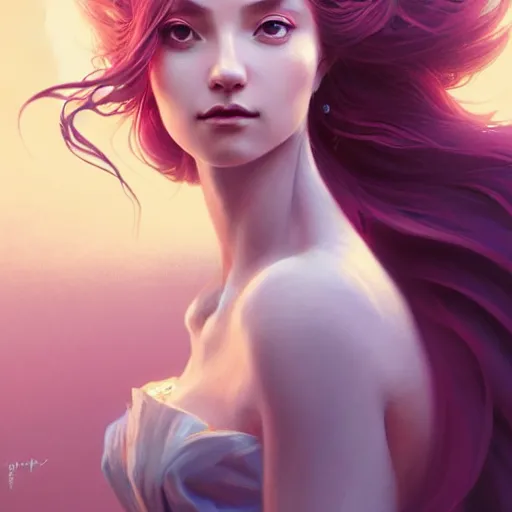 Image similar to 3 / 4 view of a portrait of woman with flowy hair, bird wings, confident pose, pixie, genshin impact,, intricate, elegant, sharp focus, illustration, highly detailed, concept art, matte, trending on artstation, bright colors, art by wlop and artgerm and greg rutkowski, marvel comics h 6 4 0