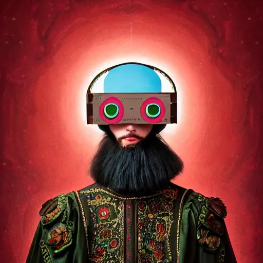 Image similar to Colour Caravaggio and Leonardo da Vinci style full body portrait Photography of Highly detailed Man wearing Ukrainian folk costume with 1000 years perfect face wearing highly detailed retrofuturistic VR headset designed by Josan Gonzalez. Many details In style of Josan Gonzalez and Mike Winkelmann and andgreg rutkowski and alphonse muchaand and Caspar David Friedrich and Stephen Hickman and James Gurney and Hiromasa Ogura. Rendered in Blender and Octane Render volumetric natural light