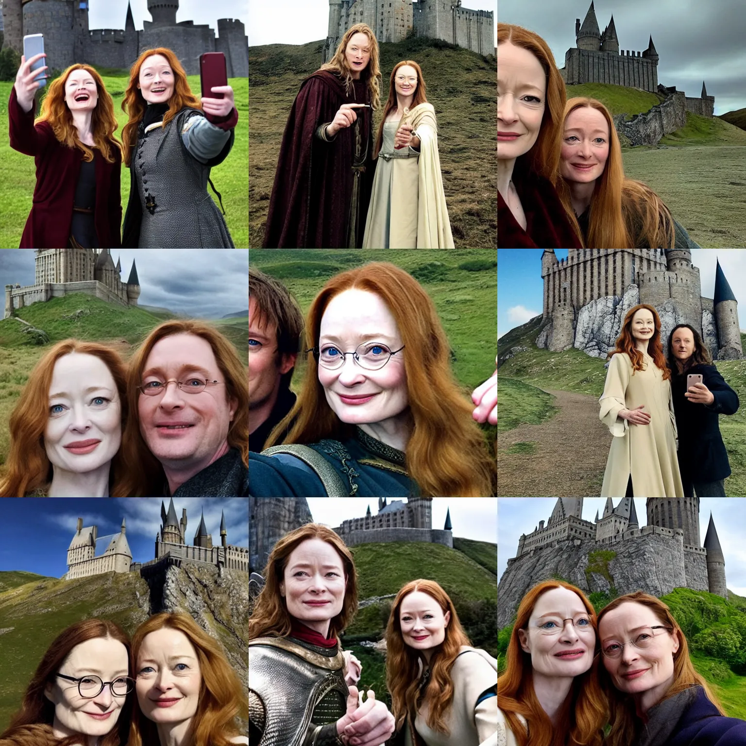 Prompt: miranda otto as eowyn, posing for a selfie with harry potter, in front of a castle on a mountain