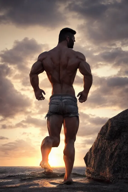 Image similar to a very muscular and defined man wearing ripped pants and shirt looking to the sea at sunset, godrays, complementary colors, natural lighting, portait image, path tracing, serene landscape, high quality, highly detailed, 8K, soft colors, warm colors, turbulent sea, high coherence, anatomically correct, hyperrealistic, concept art, defined face, five fingers, symmetrical