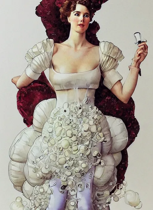 Image similar to a copic maker art nouveau portrait of a real russian model girl detailed features wearing a puffy futuristic weeding dress and a latex suit designed by balenciaga by john berkey, norman rockwell akihiko yoshida