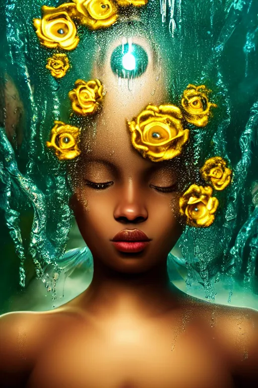 Image similar to hyperrealistic postrococo cinematic very expressive! black oshun goddess, open eyes, in water up to her shoulders, mirror dripping droplet!, gold flowers, highly detailed face, digital art masterpiece, smooth eric zener cam de leon dramatic pearlescent teal light, ground angle uhd 8 k, sharp focus