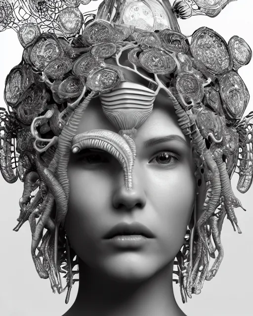 Prompt: mythical dreamy black and white organic bio - mechanical spinal ribbed profile face portrait detail of translucent steampunk beautiful female angelic - human - queen - vegetal - cyborg, highly detailed, intricate crystal ivy jelly ornate, poetic, translucent roses ornate, 3 d render, digital art, octane render, 8 k artistic photography, photo - realistic, by dora maar