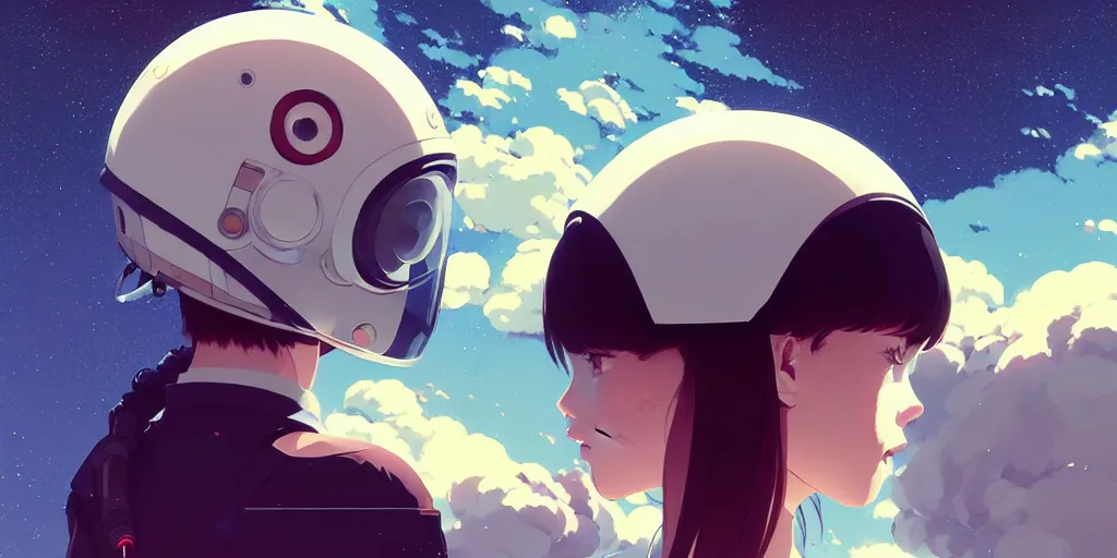 Image similar to portrait of a girl with astronaut helmets by ilya kuvshinov, a big medieval mech, cloudy sky background lush landscape ln illustration concept art anime key visual trending pixiv by victo ngai fanbox by greg rutkowski makoto shinkai takashi takeuchi studio ghibli