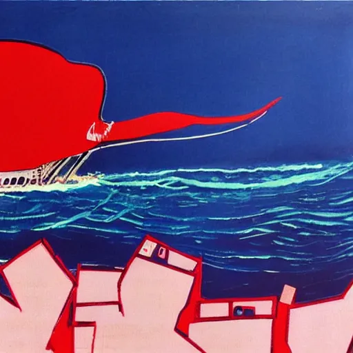 Prompt: A giant squid destroying a cruise ship in the middle of the ocean, oil painting by Andy Warhol