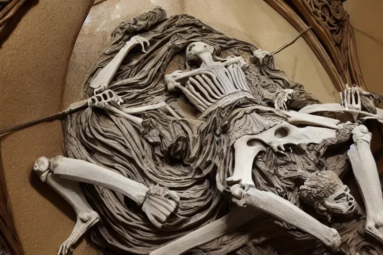 Prompt: dream of a tomb with an exquisite and highly detailed sculpture of a, beautiful prone mournfull skeleton resting under loosley thrown thick sculpted fabrics, fine detailed sculpture, stunningly beautiful detailed sculpture, fully framed and in focus