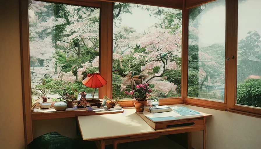 Image similar to 1 9 9 0 s candid 3 5 mm photo of a beautiful day in the a dreamy japanese flowery cottage designed by gucci, cinematic lighting, cinematic look, golden hour, a desk for flower arrangements and journaling has sun shinning on it through a window, temple in the distance, photographed by petra collins, uhd