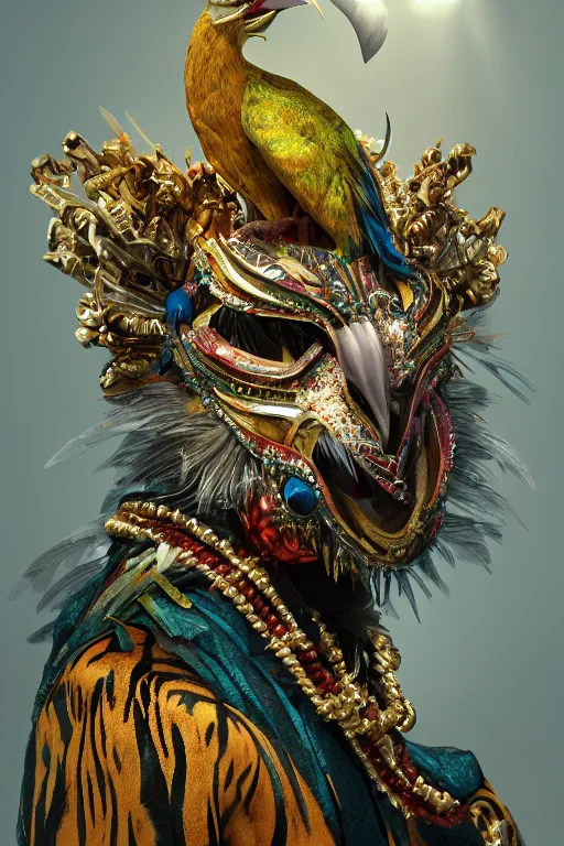 Prompt: masterful fantastic realist painting an exotic ancient feathered and bejeweled bird wearing an exquisite and fiercely painted bugaku mask of a tiger, gold chains strung like tinsel, digital painting trending on artstation, viciously blinded, volumetric lighting and mist, cosplay, portrait painting, hyperrealistic, octane render