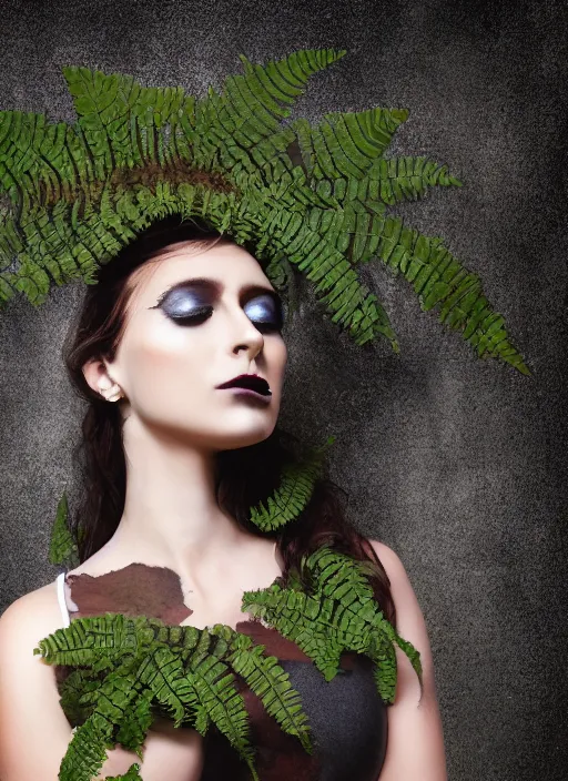 Image similar to a photo of a female model, organic headpiece, fern, vines, horn, moss, fashion photography, realistic, hyperdetails, dark grey backdrop studio, body paint