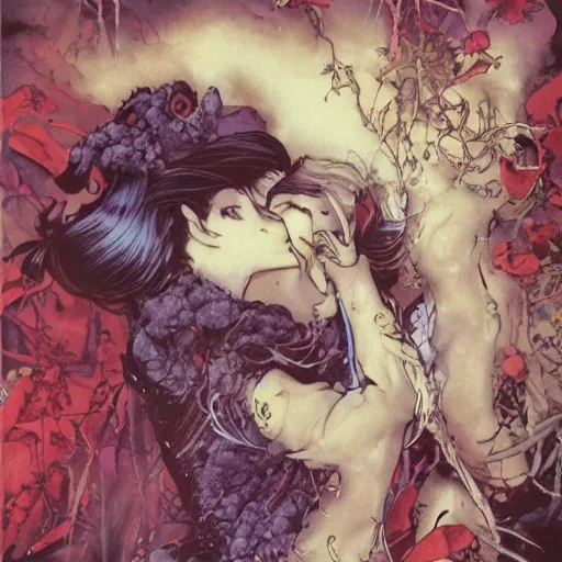 Image similar to closeup of vampire kiss, by yoichi hatakenaka, masamune shirow, josan gonzales and dan mumford, ayami kojima, takato yamamoto, karol bak