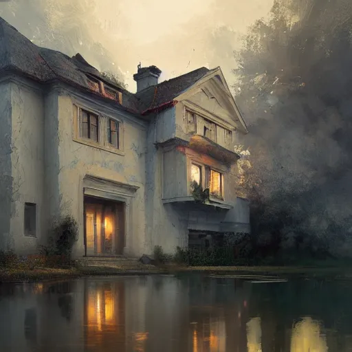 Image similar to two artists painting on a canvas, one paints a beautiful house, the other paints abstract art, by greg rutkowski, matte painting, light study, artstation