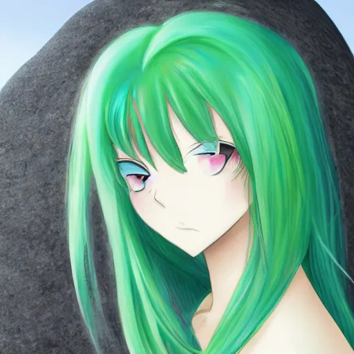 Prompt: anime girl with green hair, meditating on a rock, digital art,