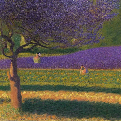 Image similar to deep purple artificial, cosy by fra angelico, by claude monet. a beautiful sculpture depicting a farm scene. the sculpture shows a view of an orchard with trees in bloom.