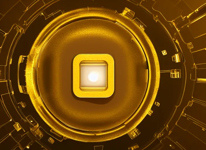 Image similar to Magic golden computer chip with a glowing flat crystal embedded in the center, mana flowing around it, product photo, hyperrealism, trending on artstation, unreal engine 5 render
