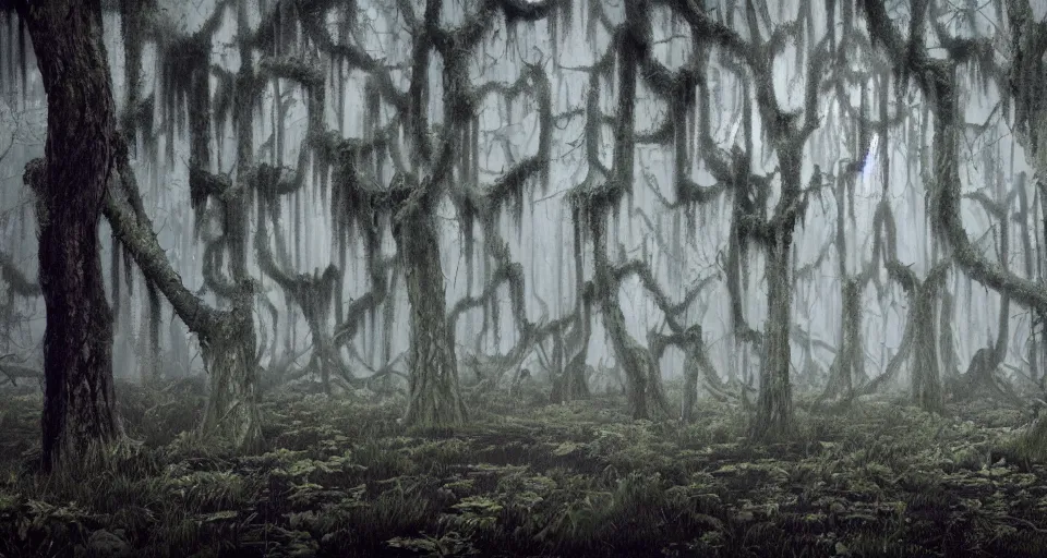 Image similar to A dense and dark enchanted forest with a swamp, by Khara Inc