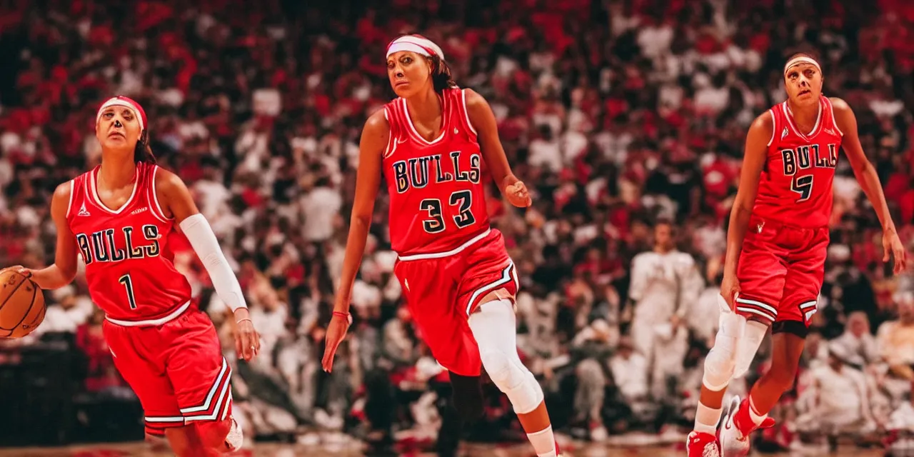 Prompt: candace parker in bulls jersey, high contrast, high saturation cinematic film still
