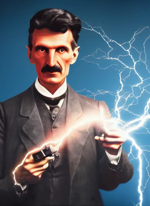 Image similar to color photograph of Nikola Tesla Nikola Tesla holding a futuristic tesla gun with lightning, futuristic, tesla coil, futuristic weapon, dynamic lightning, 4k, hyper realistic, modern photograph, digital art