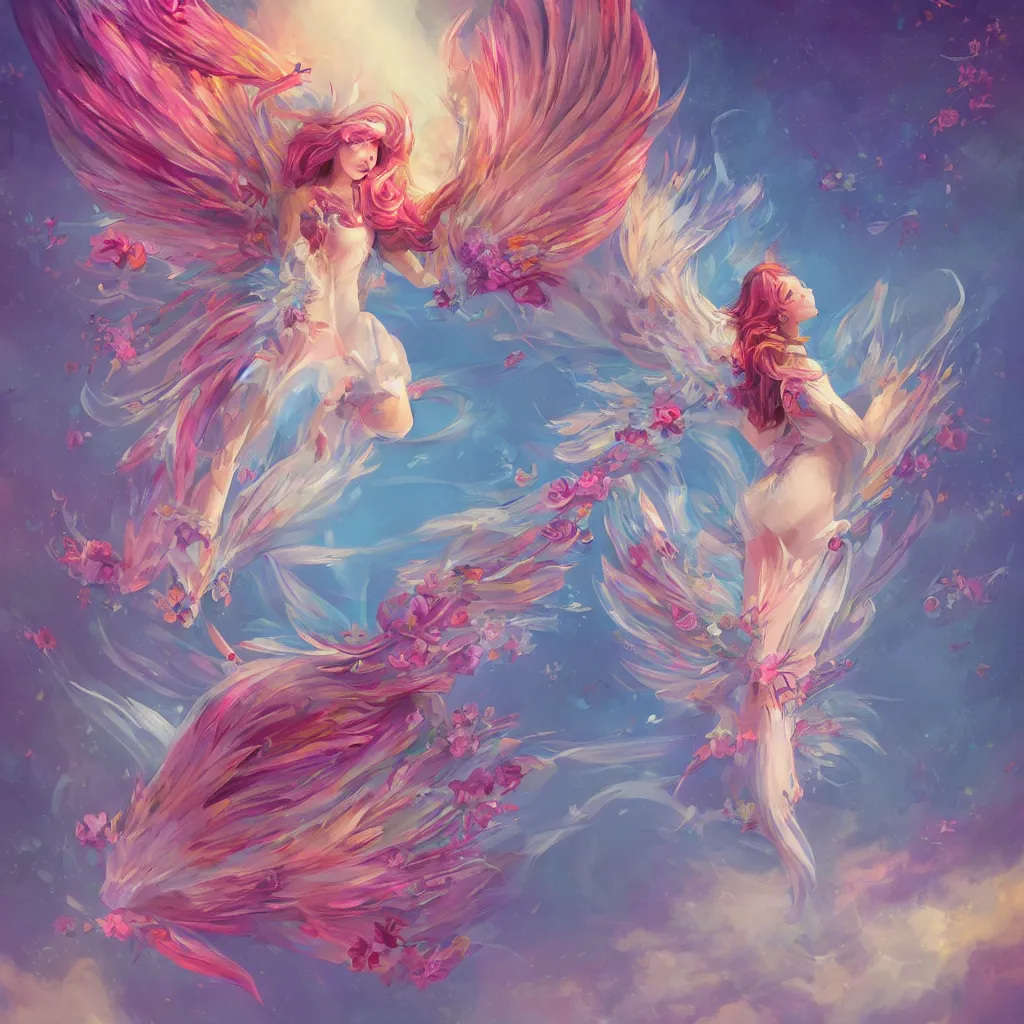 Image similar to a colorful and provenance illustrations painting of the fantasy angel flying with floral wings, highly detailed, her hair made of hair made of air wind and curling smoke and mist, the wings made of flowers, spirit fantasy concept art, art by aenami, alena, afshar, petros and leonid, trending on artstation.