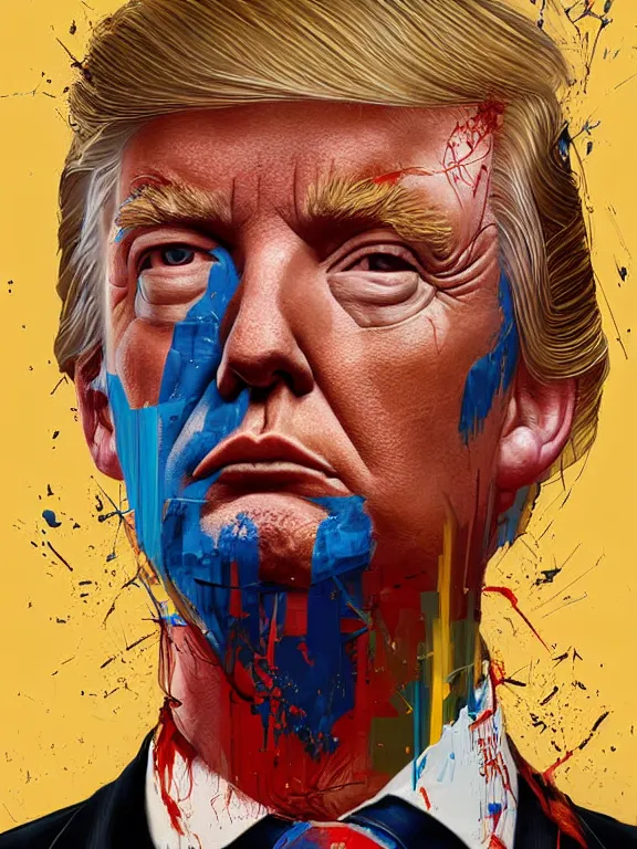 Prompt: art portrait of Donald Trump,8k,by tristan eaton,Stanley Artgermm,Tom Bagshaw,Greg Rutkowski,Carne Griffiths,trending on DeviantArt,face enhance,hyper detailed,minimalist,cybernetic, android, blade runner,full of colour,