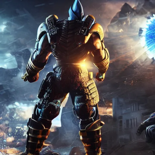 Image similar to vegeta in gears of war, splash art, movie still, cinematic lighting, ray tracing, octane render, long lens, shallow depth of field, bokeh, anamorphic lens flare, 8 k, hyper detailed, 3 5 mm film grain