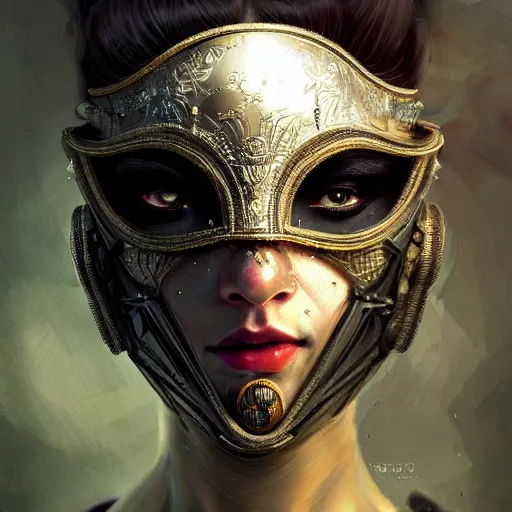 Prompt: Very very very very highly detailed epic photo of face with venetian mask, intricate, dystopian, sci-fi, extremely detailed, digital painting, artstation, concept art, smooth, sharp focus, illustration, intimidating lighting, incredible art by Brom