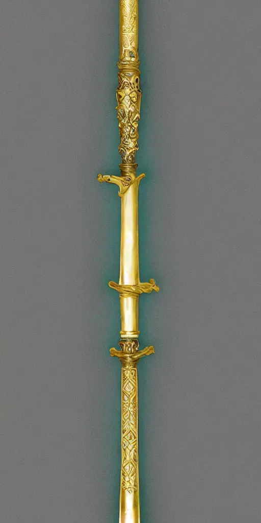 Image similar to photograph of a large green and teal crystal sword with a gold sword hilt