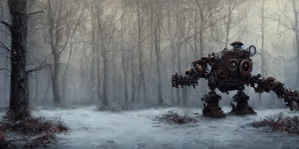 Prompt: Hyper realistic and detailed painting of a steampunk robot rusting in the forest, winter, snow, dark clouds in the sky, nighttime, by Greg Rutkowski, trending on artstation, 4k, moody lighting, fog